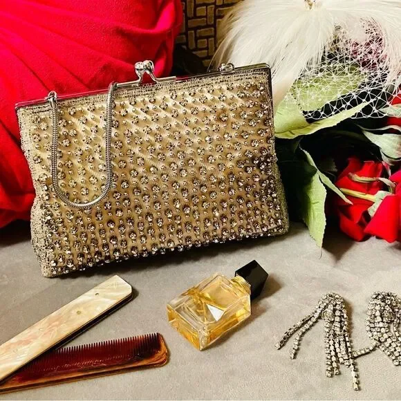 ♥️ Vintage Rhinestone Silk Purse, sparkling DELILL kiss lock purse 1950s-60s - Picture 6 of 16